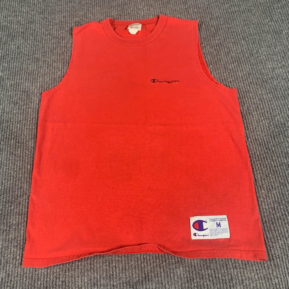 VTG Champion T Shirt Adult Medium Red Tank Top‎ Sleeveless Embroidered Retro Y2K